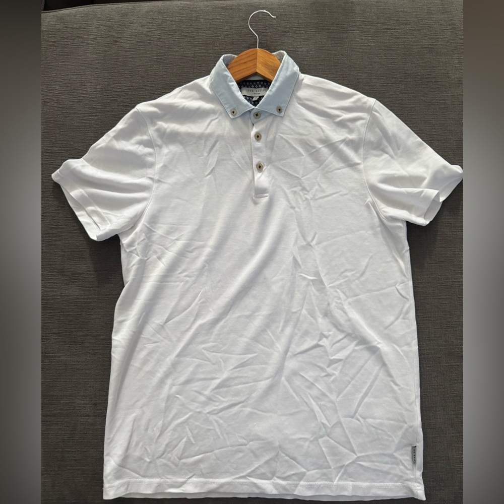 Ted Baker White Polo Shirt with Light Blue Collar